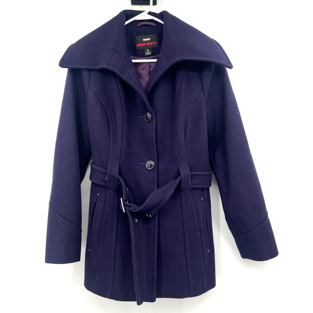 Miss Sixty M60 Purple Wool Blend Belted Peacoat Womens L Large Wide Collar Coat